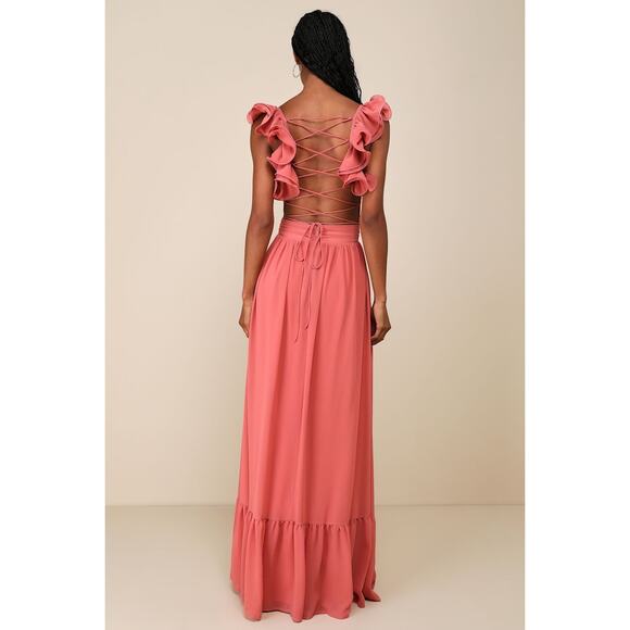 NWT Lulus Soiree Celebration Rusty Rose Ruffled Lace-Up Maxi Dress Bridesmaid S - Picture 3 of 9